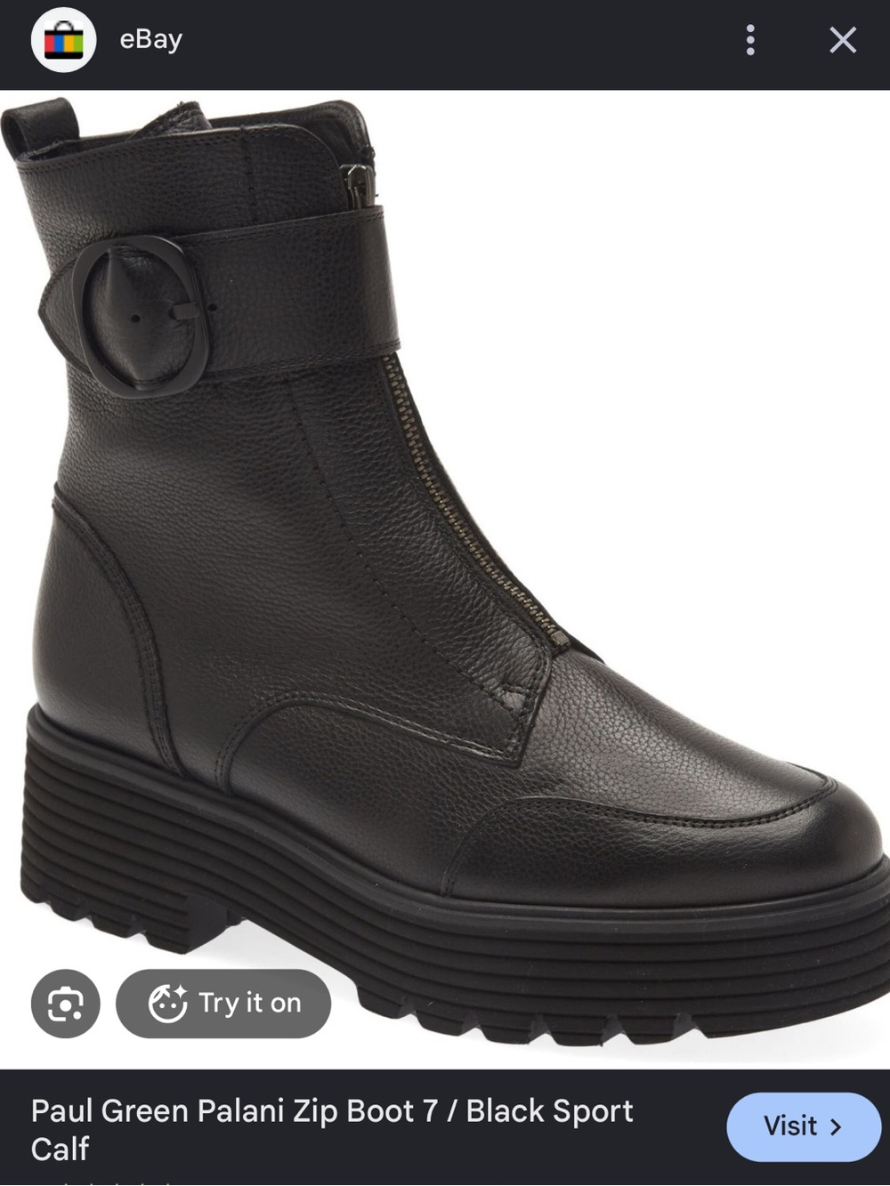 Paul Green Black Front-Zip Platform Ankle Boot with Buckle Strap